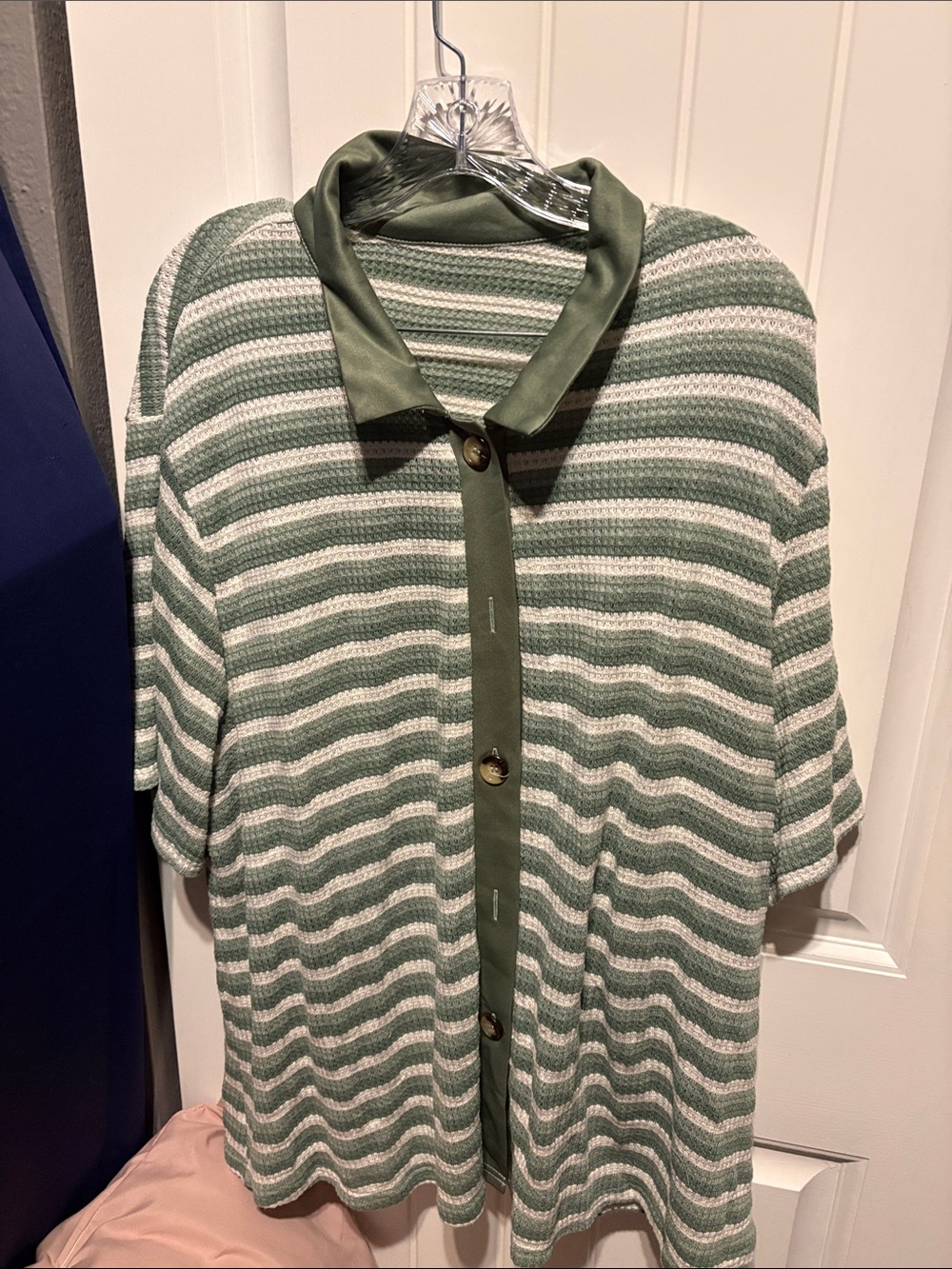 SHEIN Olive Green and White Striped Short Sleeve Button-Up Top and shirt set